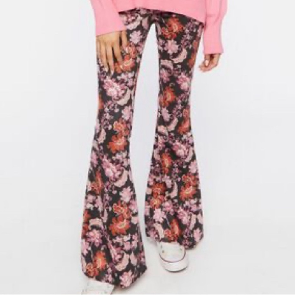 F21 Faux Suede Floral Print Flare Pants